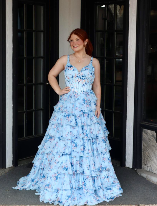 Sweety Blue A Line Spaghetti Strap Print Floral Layered Chiffon Long Prom Dress Evening Dress DP6283