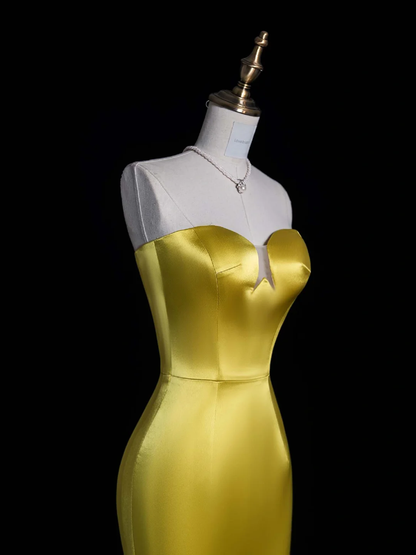 Elegant Sheath Sweetheart Neck Yellow Feather Satin Long Prom Dress Evening Dress DP1948