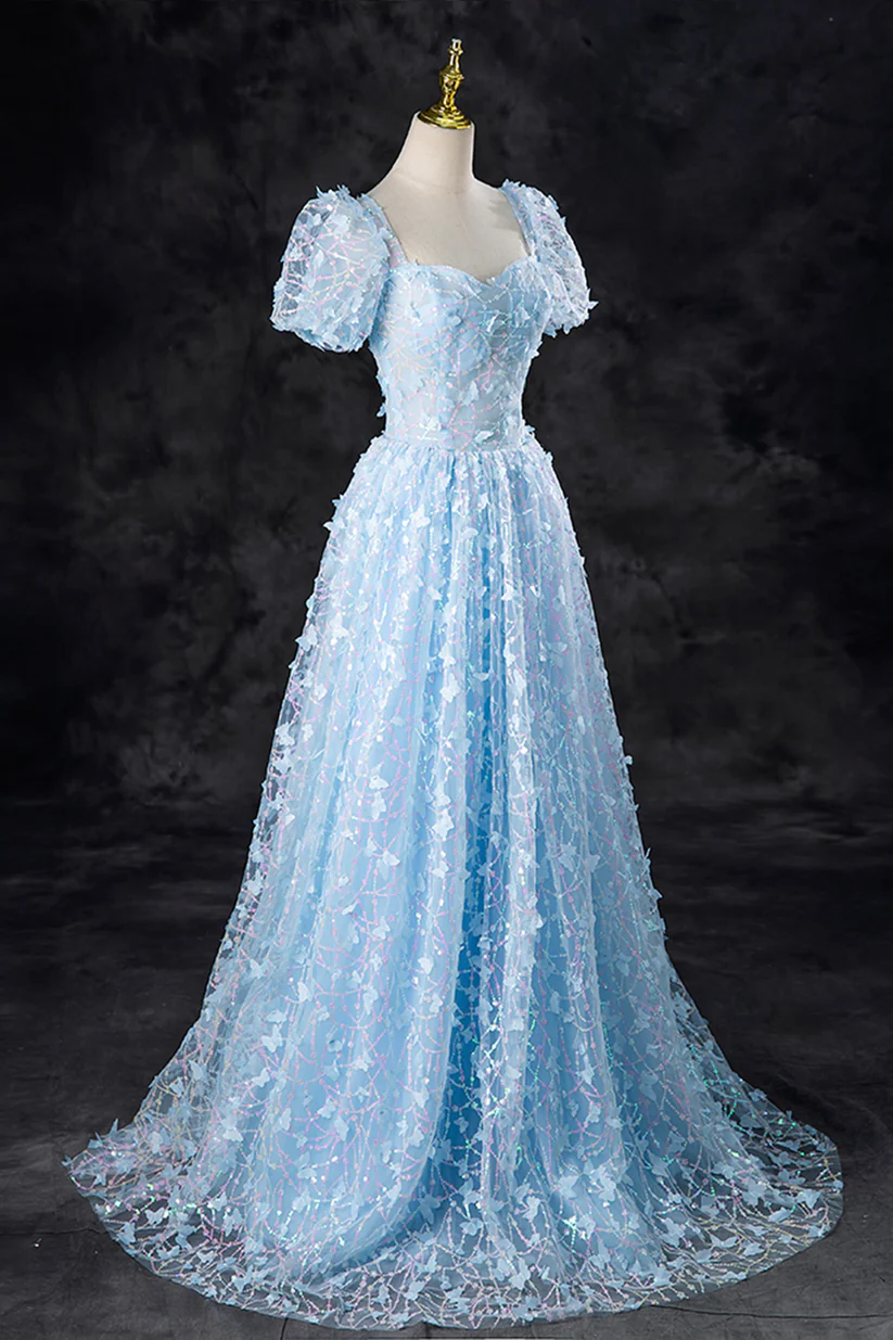 Luxurious Blue Tulle Sweetheart Party Dress Sequin Butterfly Appliques Long Prom Dress DP487