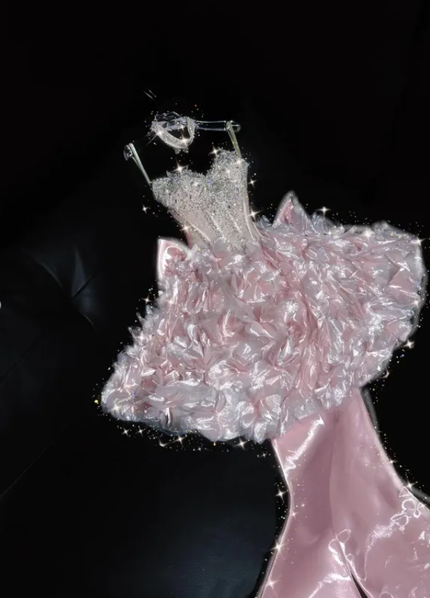 Sweety Pink Bow A Line Sweetheart Neck Exquisite Rhinestone Sequin Satin Short Homecoming Dress DP4640