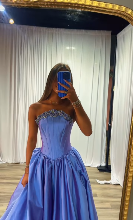 Dreamy Purple A Line Strapless Exquisite Beaded Satin Long Prom Dress Evening Dress DP7120