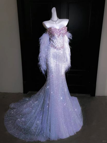 Exquisite Beaded Silver Sequin Mermaid Feather Tulle Date Dress Evening Dress Prom Dress DP2902
