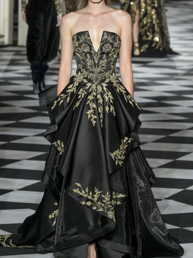 Vintage Black A Line V Neck Golden Embroidery Satin Prom Dress DP4670