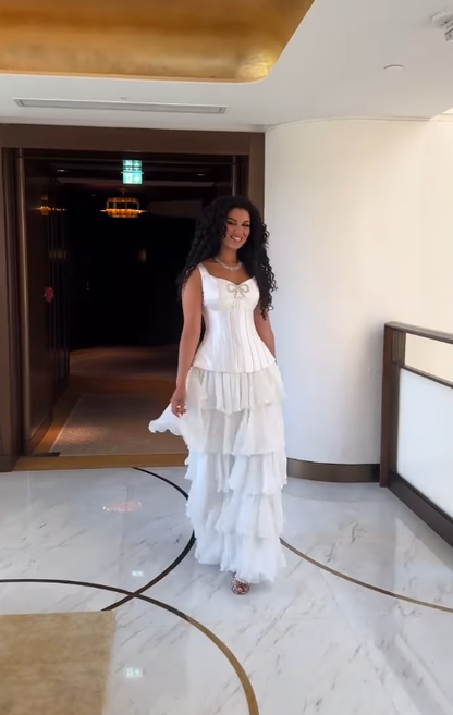 White A Line Straps Beaded Layered Chiffon Satin Prom Dress Evening Dress DP4340