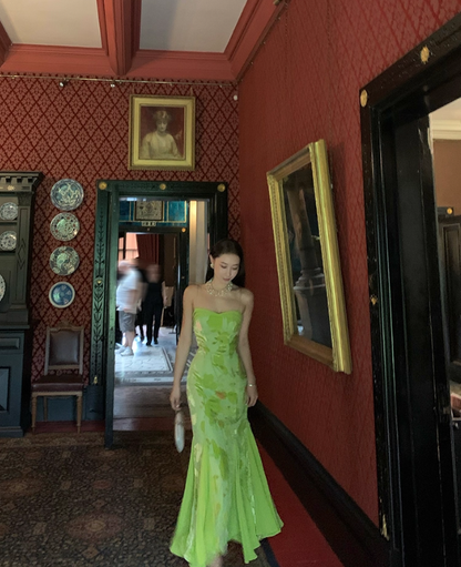 Stunning Green Mermaid Spaghetti Strap Print Floral Satin Chiffon Prom Dress Outfits DP3581