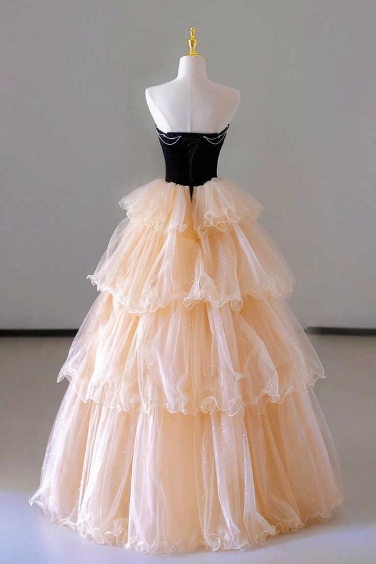 Gorgeous Champagne Tulle A Line Strapless Layered Long Prom Dress Formal Graduation Evening Dress DP598