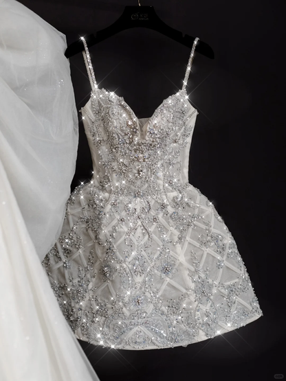 Shiny A Line Spaghetti Straps Rhinestone Tulle Short Homecoming Dress Cocktail Dress DP2678