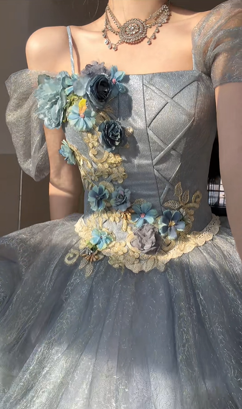 Stunning Blue Ball Gown Off the Shoulder Beaded Floral Tulle Prom Dress Party Dress DP4594