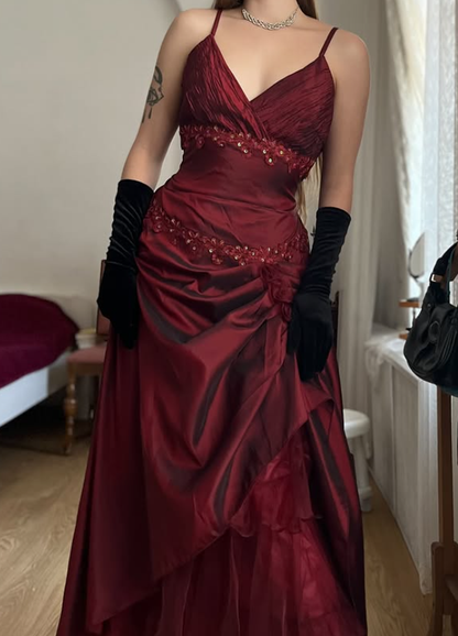 Vintage A Line Straps Appliques Burgundy Satin Prom Dress Evening Dress DP5722