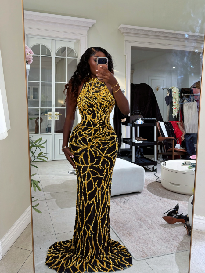 Glamorous Mermaid Halter Gold Beaded Black Satin Long Prom Dress Evening Dress DP7865