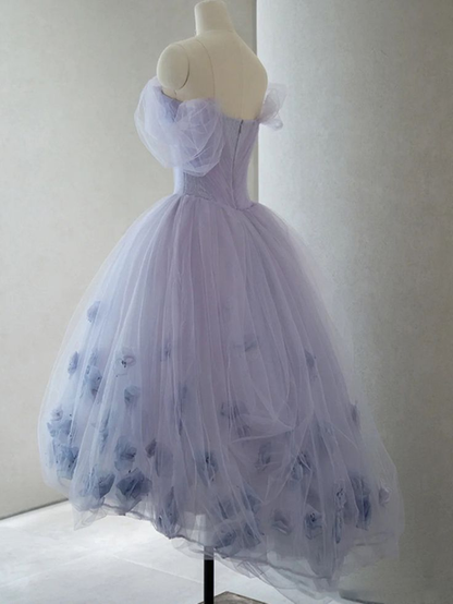 Lavender Off the Shoulder Homecoming Dress Off The Shoulder High Low Flowers Tulle Prom Dress DP283