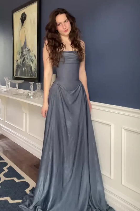 Romantic A Line Strapless Grey Blue Long Prom Dress with Ruffles DP7456