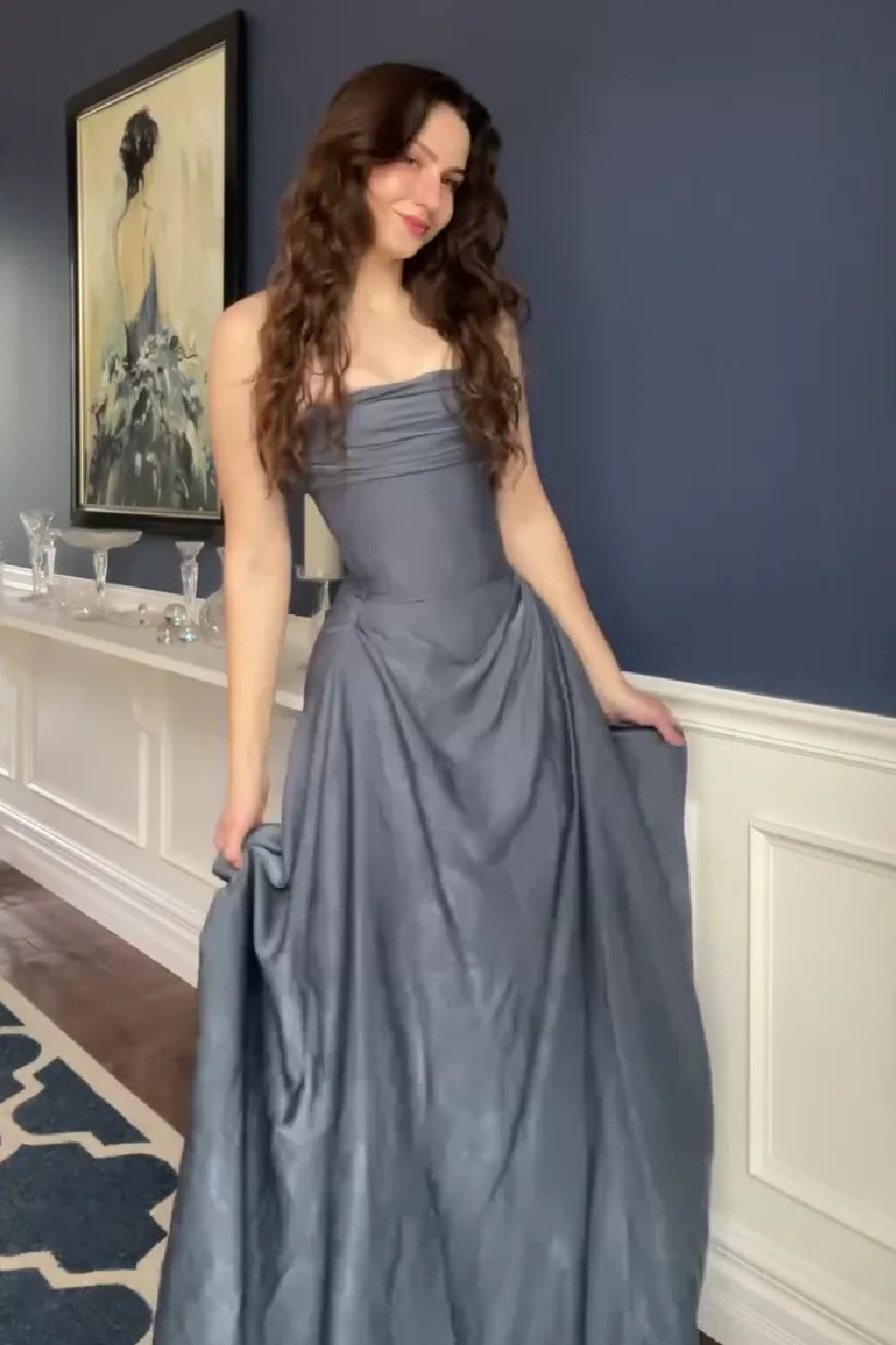 Romantic A Line Strapless Grey Blue Long Prom Dress with Ruffles DP7456