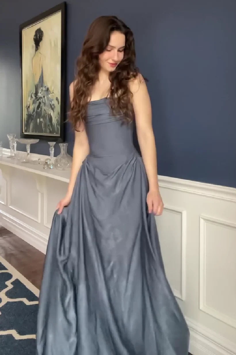 Romantic A Line Strapless Grey Blue Long Prom Dress with Ruffles DP7456