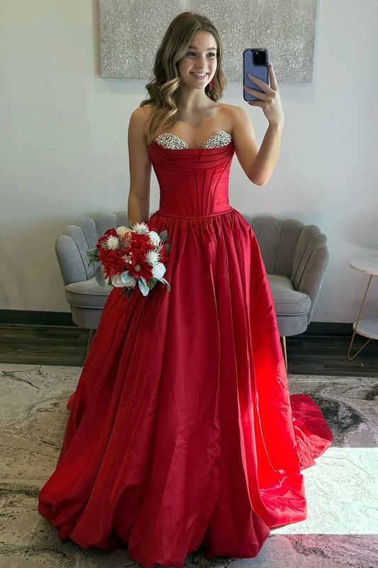 Elegant A Line Sweetheart Red Corset Prom Dress with Beading DP7490