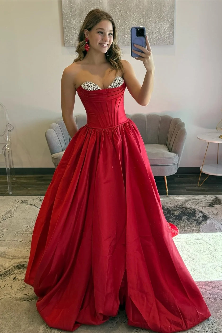 Elegant A Line Sweetheart Red Corset Prom Dress with Beading DP7490