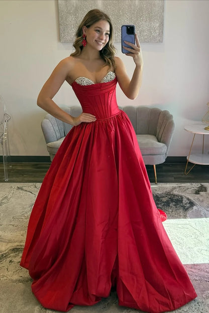 Elegant A Line Sweetheart Red Corset Prom Dress with Beading DP7490