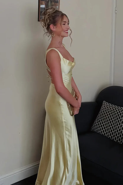 Elegant A Line Square Neck Yellow Long Prom Dress with Criss Cross Back DP7244