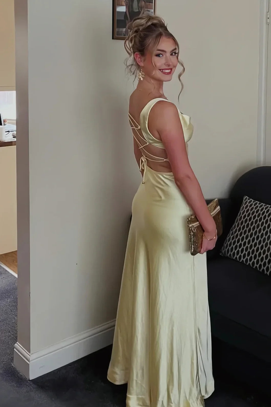 Elegant A Line Square Neck Yellow Long Prom Dress with Criss Cross Back DP7244