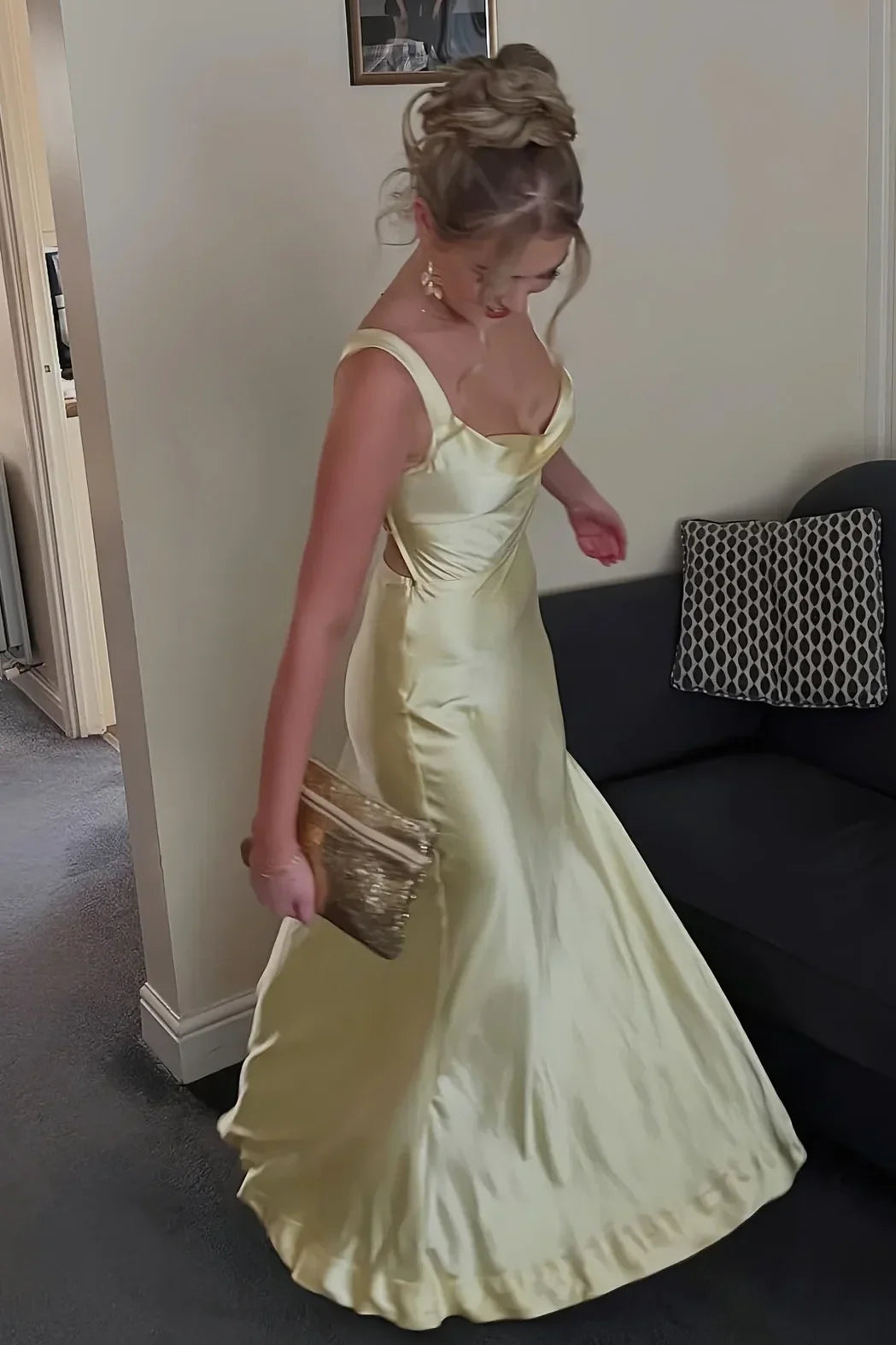 Elegant A Line Square Neck Yellow Long Prom Dress with Criss Cross Back DP7244