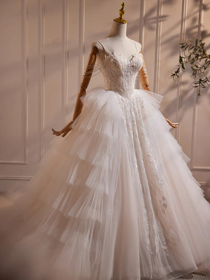 Elegant Ball Gown Spaghetti Straps Layered Tulle Beading Wedding Dress DP849