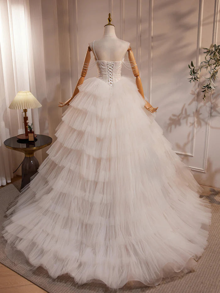 Elegant Ball Gown Spaghetti Straps Layered Tulle Beading Wedding Dress DP849