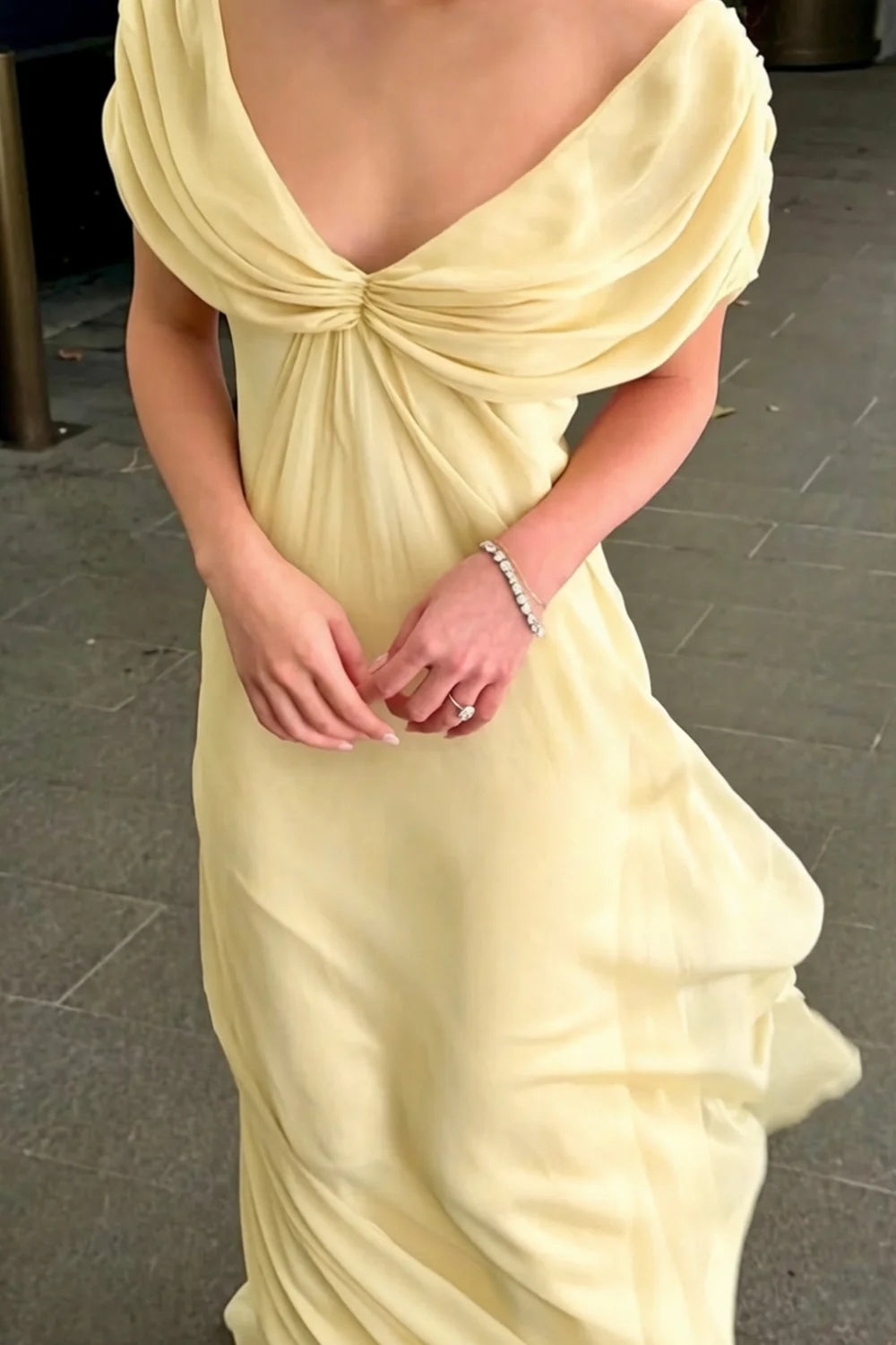 Elegant A Line V Neck Yellow Chiffon Long Prom Dress with Ruffles DP7156