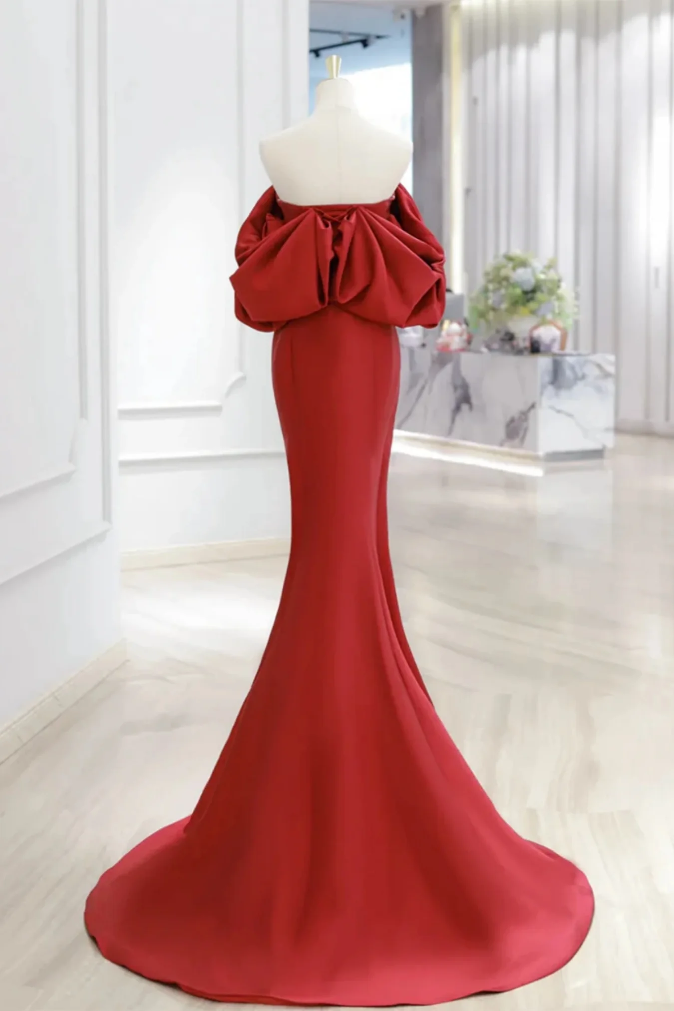 Off Shoulder Mermaid Red Satin Long Prom Dress Evening Dress DP648