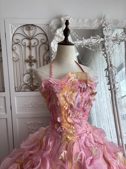Vintage Pink-Yellow Ball Gown Halter Ruffle Organza Prom Dress Sweet 16 Dress DP5666