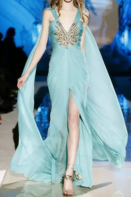 Vintage Blue Sheath V Neck Beaded Sequin Chiffon Long Prom Dress DP4497