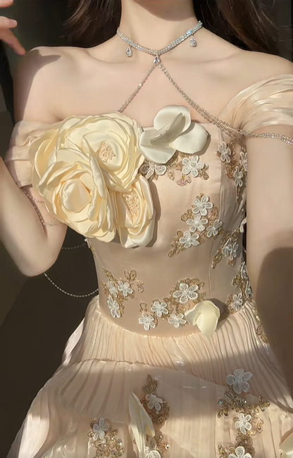 Cute Yellow Rose Ball Gown Off the Shoulder Beaded Satin Prom Dress 16th Birthday Dress DP4591