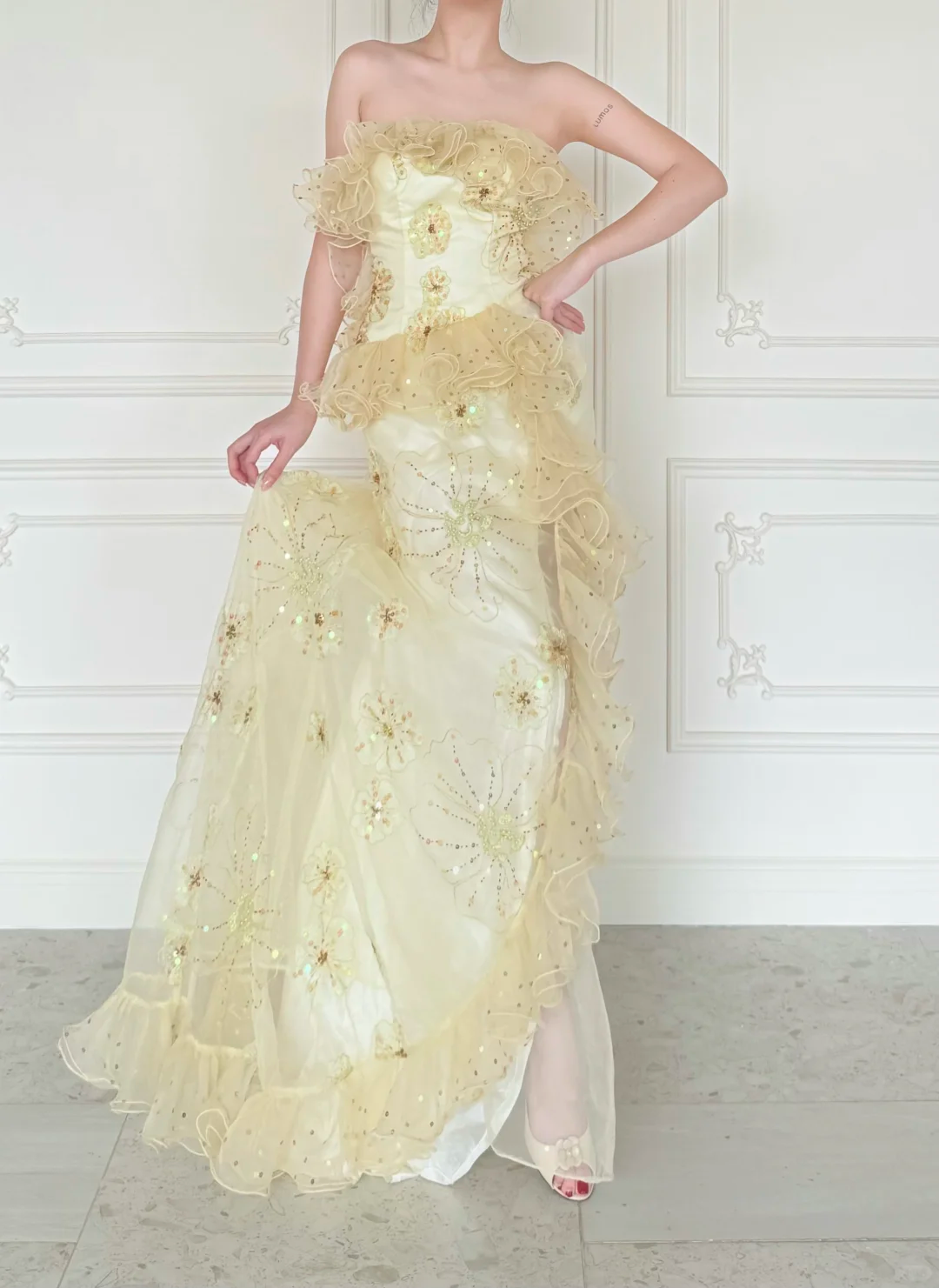 Pretty Mermaid Strapless Shiny Sequin Yellow Organza Slit Prom Dress Evening Dress DP6446