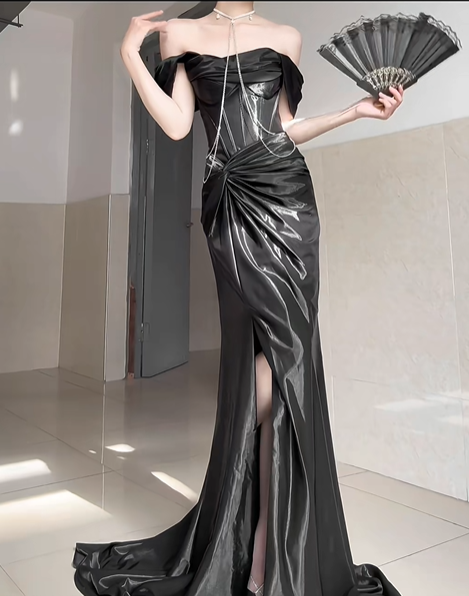 Elegant Black Mermaid Off the Shoulder Satin Slit Prom Dress Graduation Ball Gown DP4562