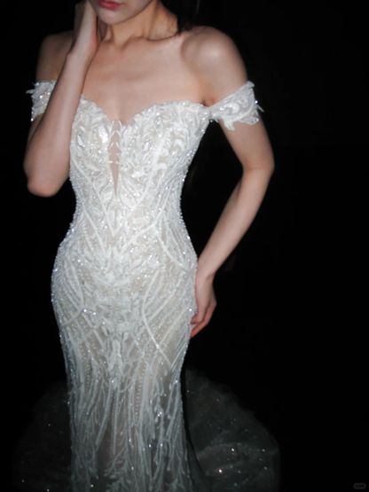 Luxurious Mermaid Off the Shoulder White Beaded Sequin Tulle Long Wedding Dress DP8118