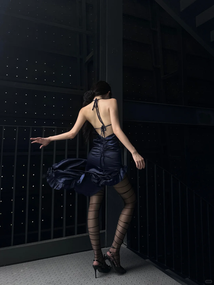 Sexy Navy Blue Sheath Halter Pleated Satin Prom Dress with Slit DP3845