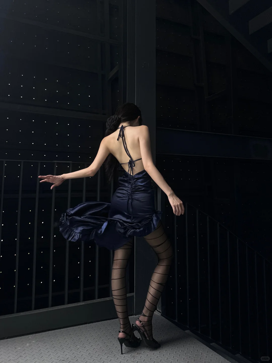 Sexy Navy Blue Sheath Halter Pleated Satin Prom Dress with Slit DP3845