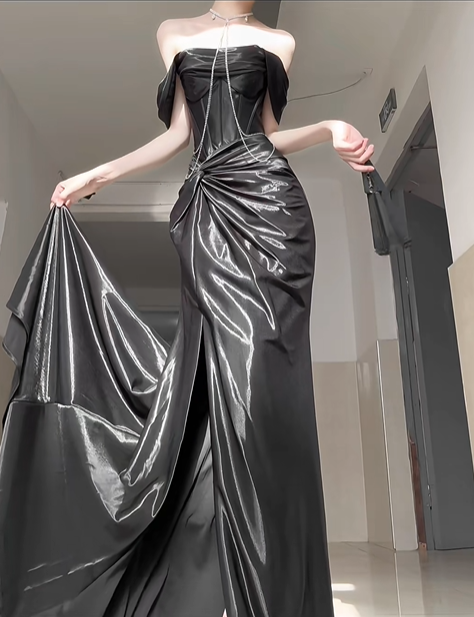 Elegant Black Mermaid Off the Shoulder Satin Slit Prom Dress Graduation Ball Gown DP4562