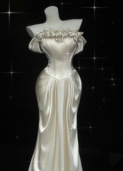 Gentle Ivory Mermaid Off the Shoulder Rose Satin Prom Dress Wedding Dress DP6627