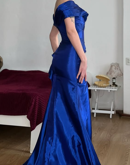 Vintage Royal Blue Mermaid V Neck Satin Slit Prom Dress Evening Dress Date Dress DP5706