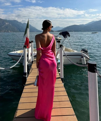 Elegant Hot Pink Sheath Satin Long Evening Dress Prom Dress DP1299