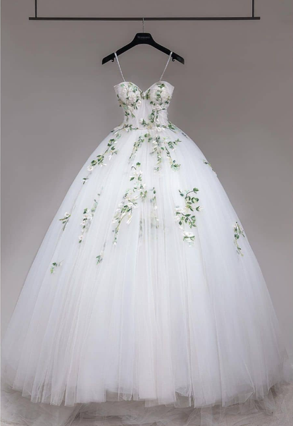 Pretty A Line Spaghetti Strap Appliques Tulle Long Wedding Dress DP1756