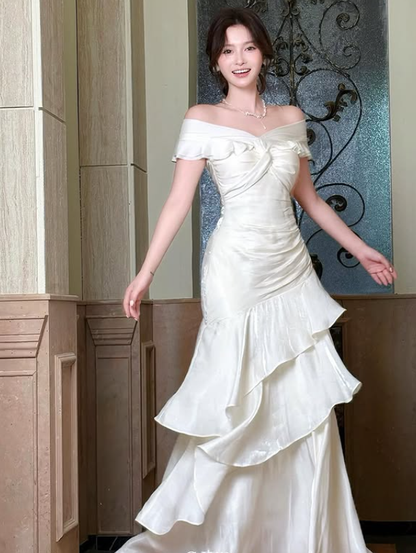 Gentle Apricot Mermaid Layered Satin Prom Dress Evening Dress DP5419