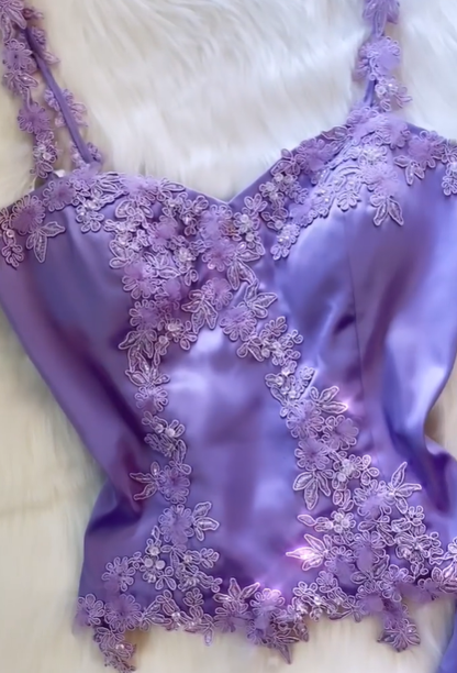 Two Piece Vintage Sheath Spaghetti Strap Appliques Purple Satin Evening Dress DP1544