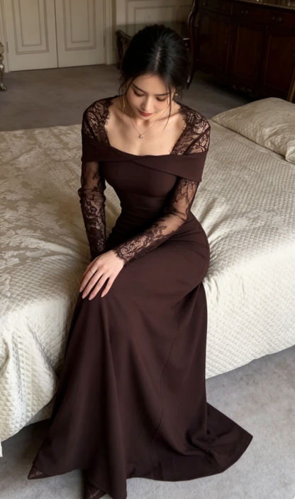 Elegant Brown Sheath Long Sleeve Lace Satin Prom Dress Date Dress DP5102