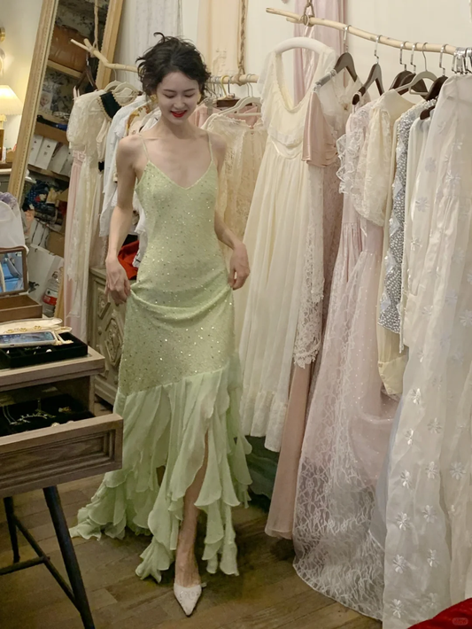 Vintage Light Green Mermaid Spaghetti Strap Beaded Ruffle Chiffon Prom Dress 22th Birthday Dress DP3927