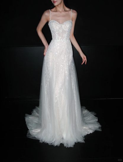 Fairy A Line Spaghetti Strap White Beaded Sequin Tulle Long Wedding Dress DP8113