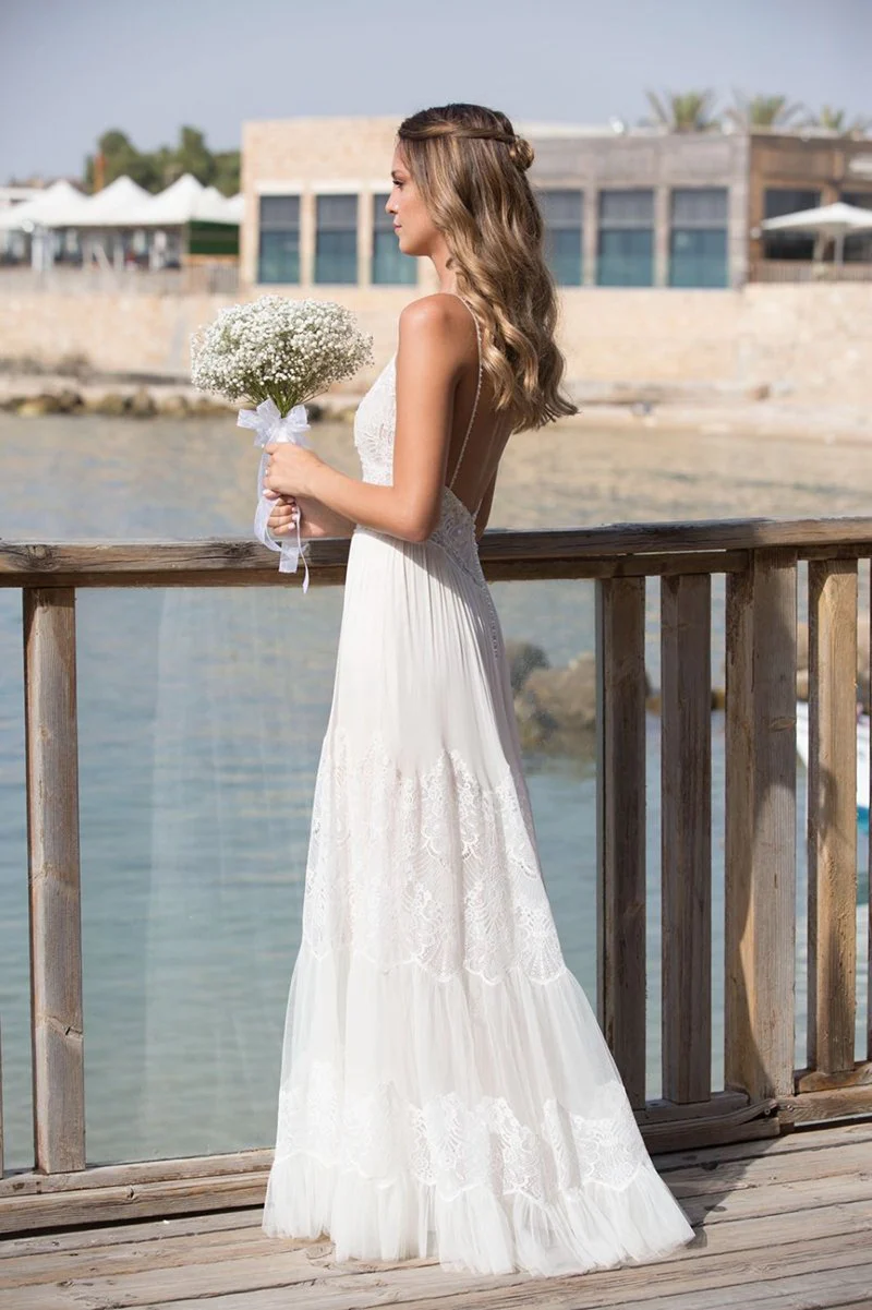Gentle A Line Spaghetti Straps White Lace Tulle Open Back Evening Dress Wedding Dress DP2856