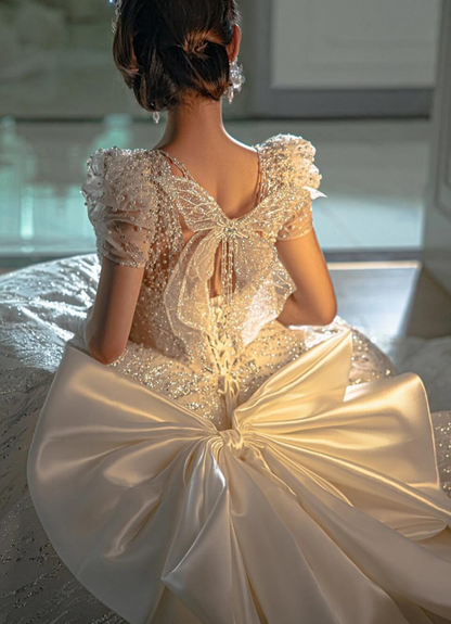 Stunning Ball Gown Puff Seelve Sequin Beaded Butterfly Satin Prom Dress Wedding Dress DP6628