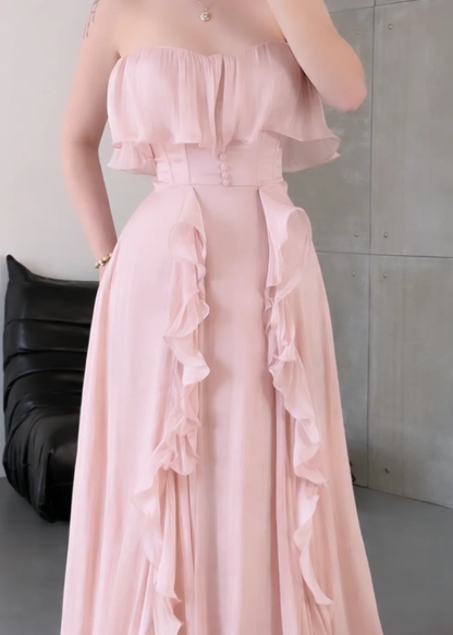 Ethereal A Line Strapless Ruffle Light Pink Chiffon Long Prom Dress Evening Dress DP6924