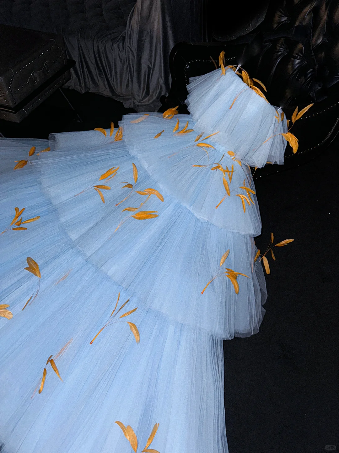 Baby Blue A Line Strapless Tiered Feather Tulle Long Prom Dress Evening Dress DP1958